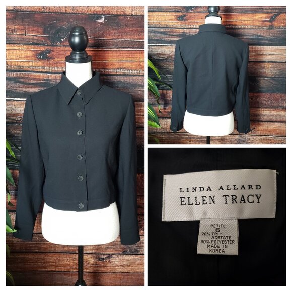 Linda Allard Ellen Tracy 6 Petite 6P Cropped Black Jacket Blazer Button Front - Picture 1 of 10